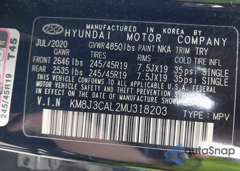 2021 Hyundai Tucson Sport из США, поврежденный, VIN KM8J3CAL2MU318203